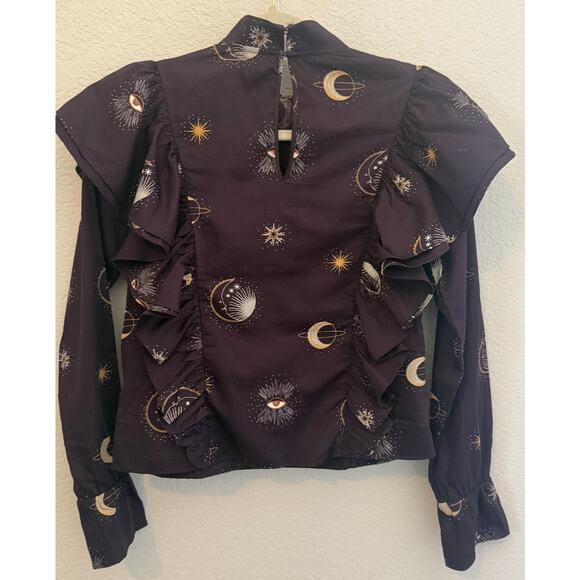 H&M Celestial Print Ruffle Blouse Long Sleeve High Neck Black Gold US 2 NWT - Picture 2 of 9
